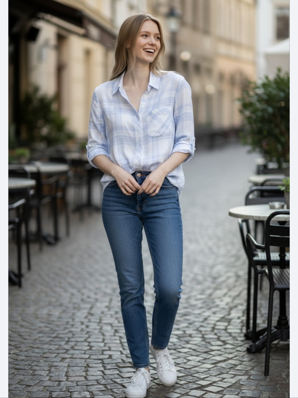 Light Blue & White Plaid Button-Up Shirt